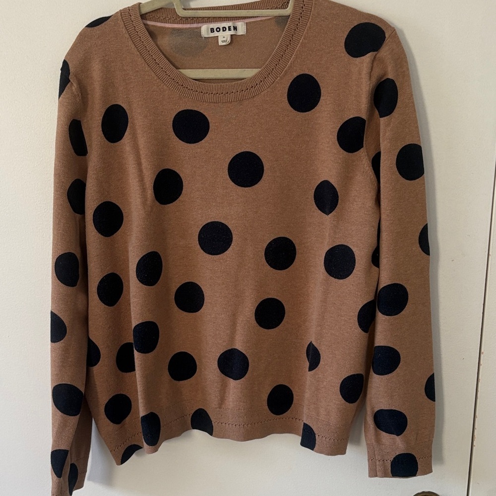Boden Tan Sweater with Black Polka Dots